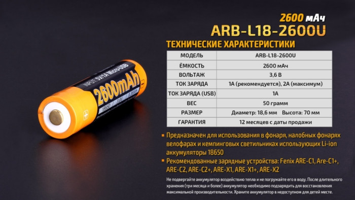 Акумулятор 18650 Fenix (2600 mAh) micro usb зарядка 