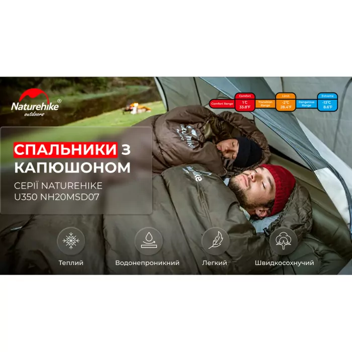 Спальник з капюшоном Naturehike U350 NH20MSD07, (1°C), лівий, коричневий 