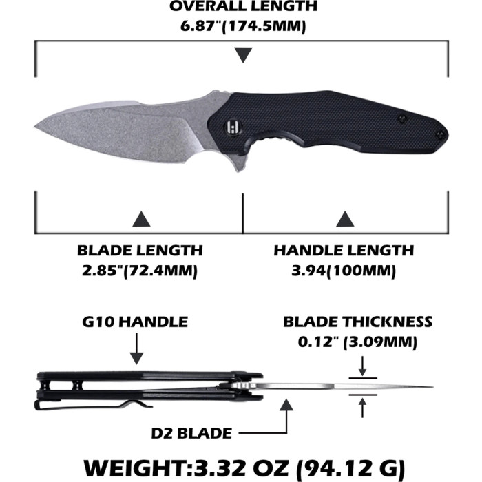 Ніж Hightron Mini Ventura, D2, G10, чорний, сталевий stonewash клинок 