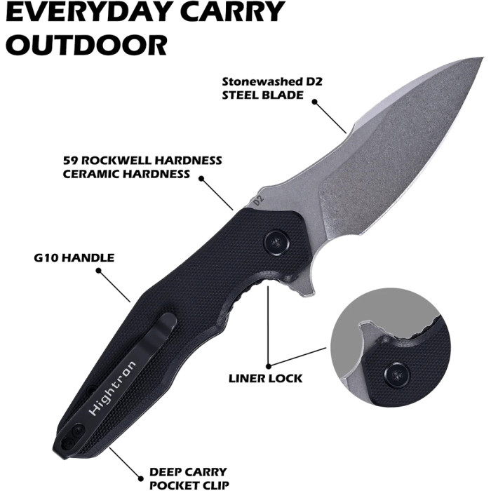 Ніж Hightron Mini Ventura, D2, G10, чорний, сталевий stonewash клинок 