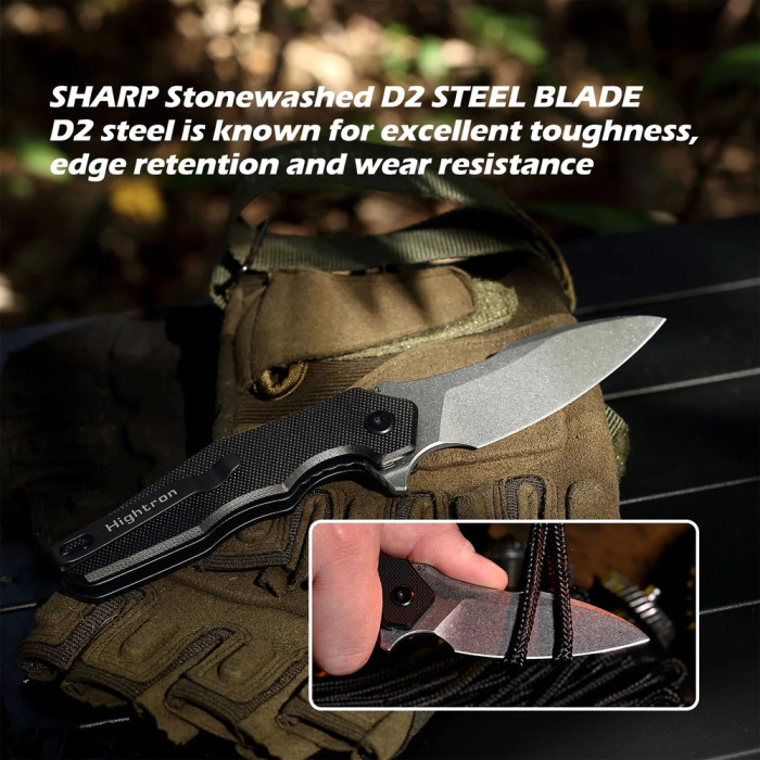 Ніж Hightron Mini Ventura, D2, G10, чорний, сталевий stonewash клинок 