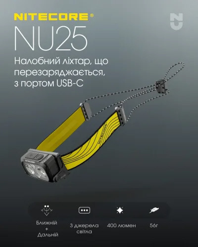 Ліхтар налобний Nitecore NU25 NEW (400 люмен, 12 режимів, USB-C), чорний 