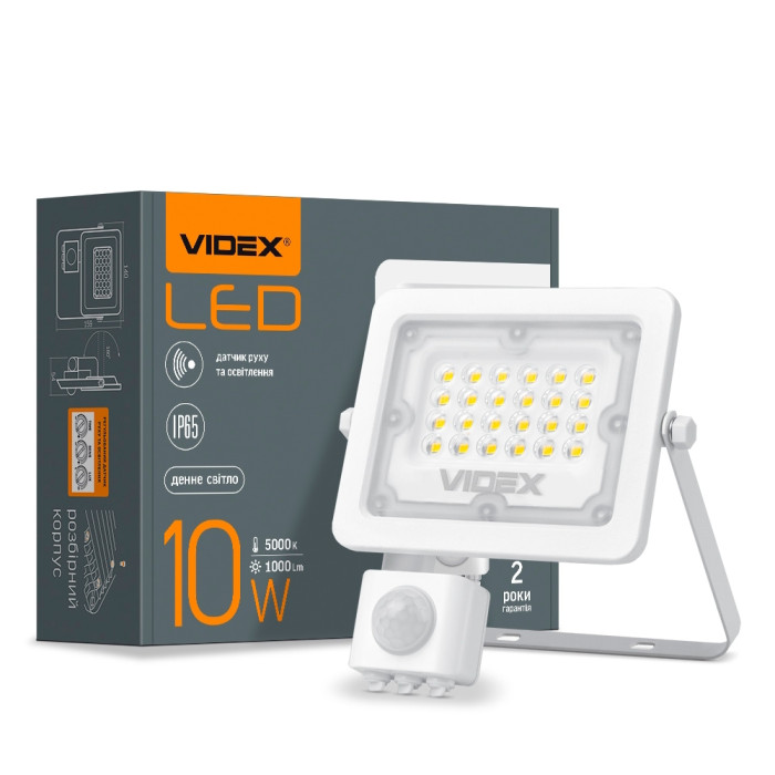 Прожектор VIDEX 10W 5000K з датчиком руху та освітлення 220V White (VL-F2e-105W-S) 