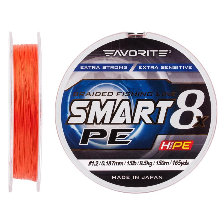Шнур Favorite Smart PE 8x 150м #1.2/0.187mm 15lb/9.5kg, червоний, помаранчевий 