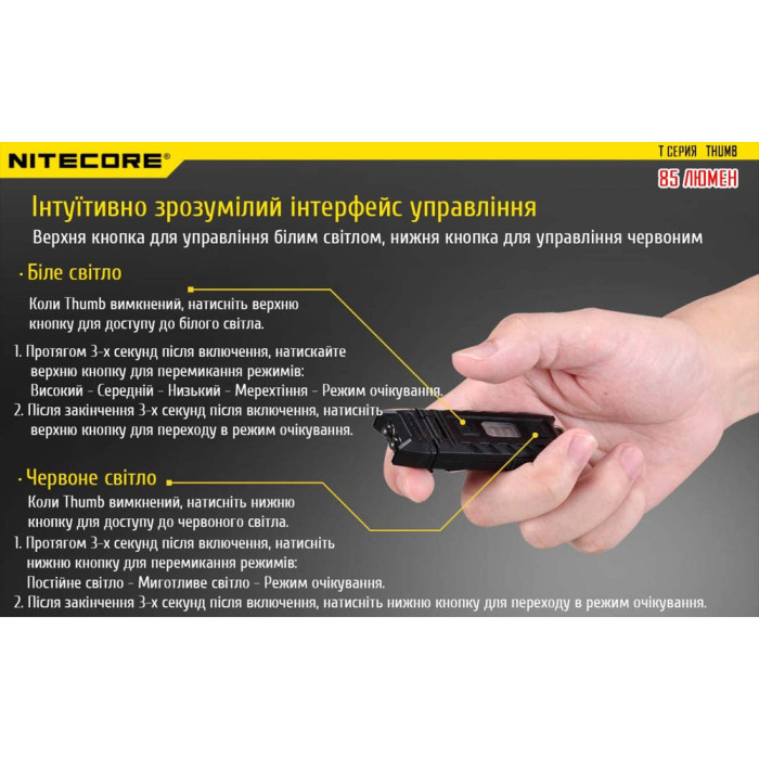 Ліхтар наключний багатофункціональний Nitecore THUMB (2xLED+2хRED, 85 люмен, 6 режимів, USB-C) 