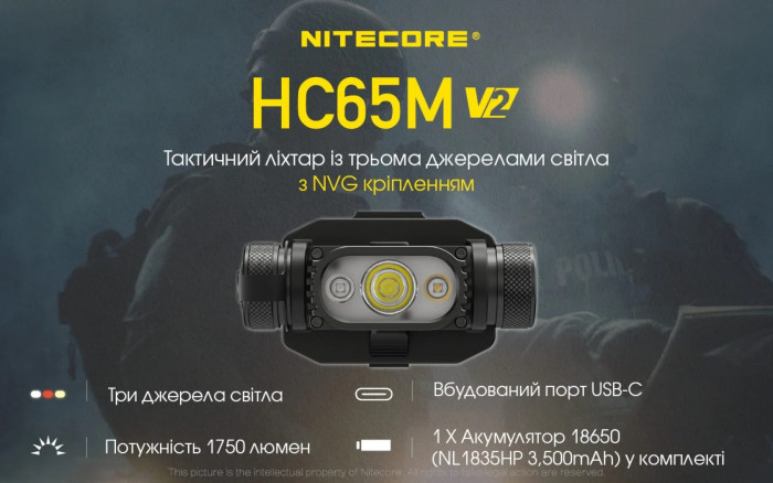Ліхтар налобний Nitecore HC65M V2 (Luminus LED + RED LED, 1750 люмен) 