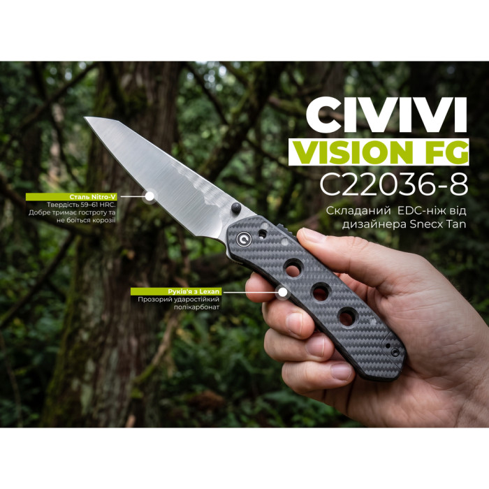 Ніж складаний туристичний Civivi Vision FG, (9 см) Nitro-V / Lexan прозорий