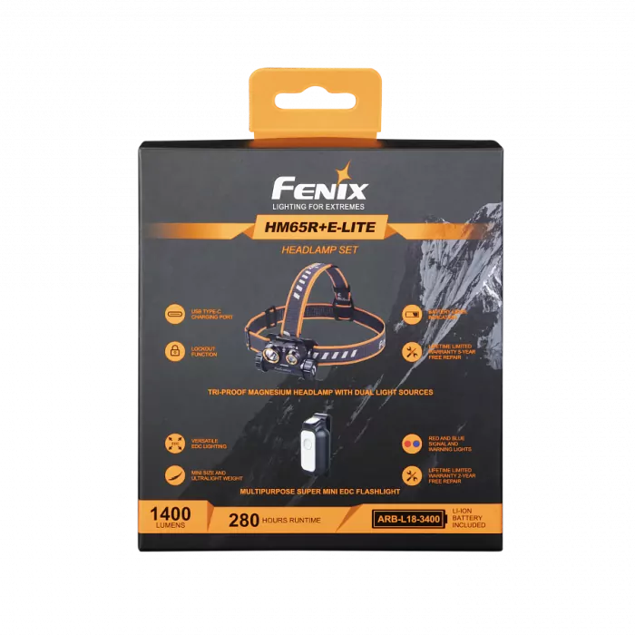 Налобний ліхтар Fenix HM65R + універсальний ліхтар Fenix E-LITE 