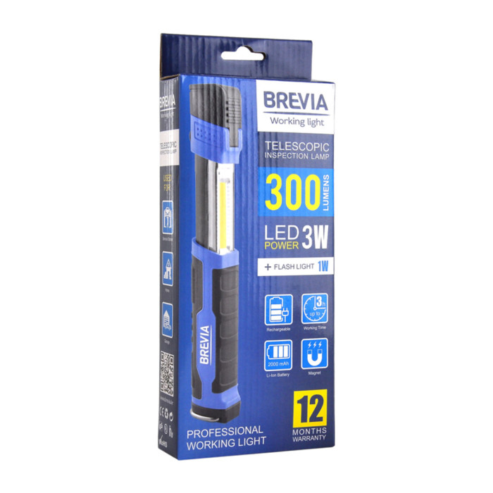 Телескопічна інспекційна лампа Brevia LED 3W COB+1W LED 300lm 2000mAh, type-C 11350 