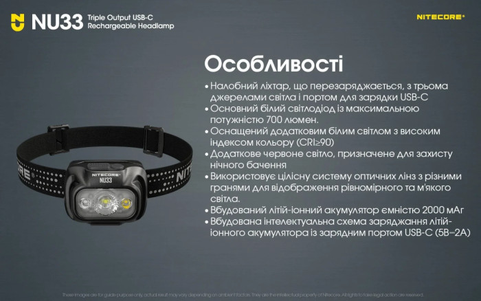 Ліхтар налобний Nitecore NU33 (700 люмен) 