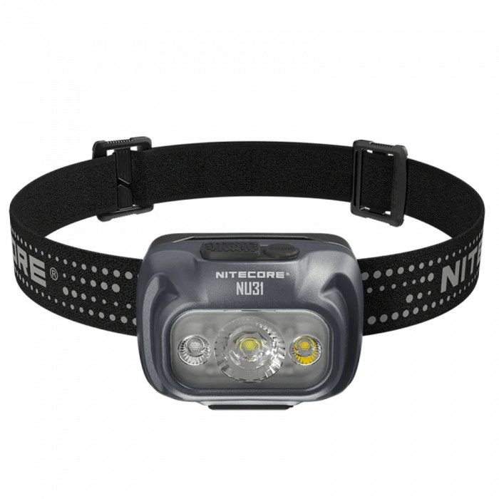Ліхтар налобний Nitecore NU31 (Білий + Червоний LED, 550 люмен, 9 режимів, USB-C), сірий 