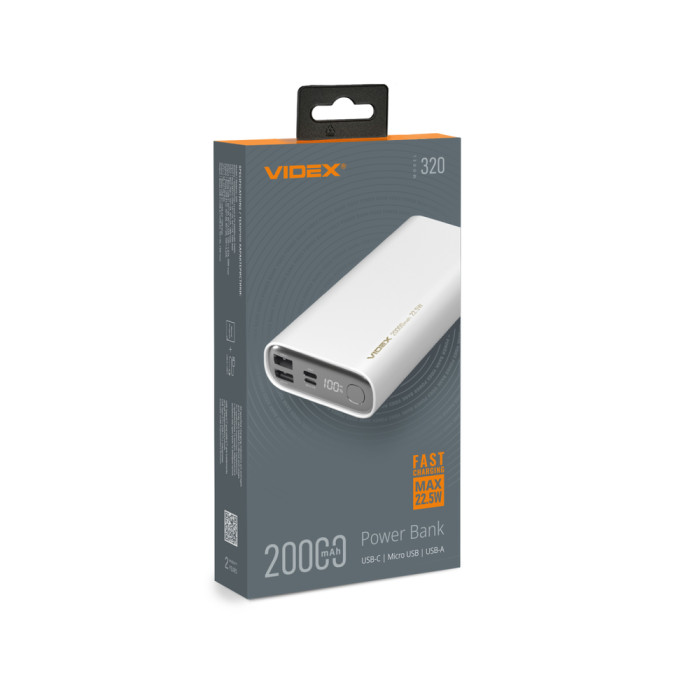 Повербанк 20000mAh VIDEX VPB-320 22.5W White 