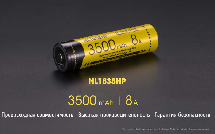 Акумулятор літієвий Li-Ion 18650 Nitecore NL1835HP 3.6 V 8A, 3500mAh, захищений 