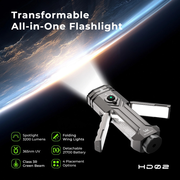 Ліхтар Wurkkos HD02 3200lm, 365 nm UV light+520 nm green beam+Side light mode Stepless Dimming, 1×21700 5000mah battery 