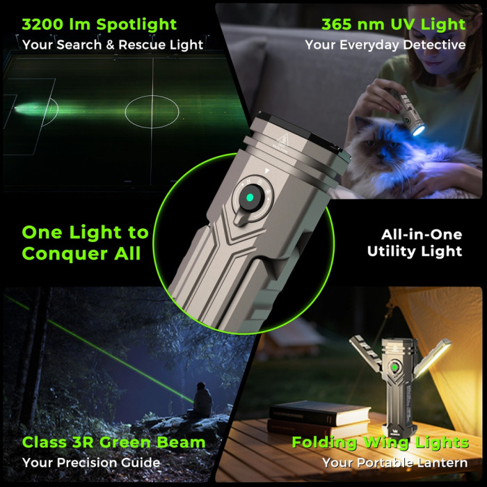 Ліхтар Wurkkos HD02 3200lm, 365 nm UV light+520 nm green beam+Side light mode Stepless Dimming, 1×21700 5000mah battery 