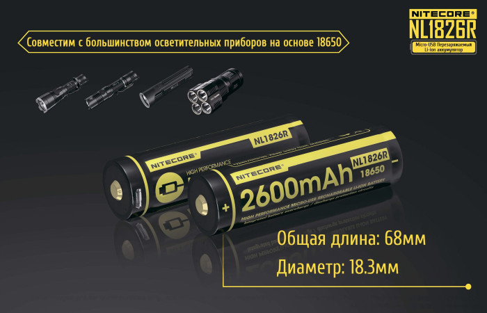 Акумулятор літієвий Li-Ion Nitecore NL1826R 2600mAh, USB, захищений 
