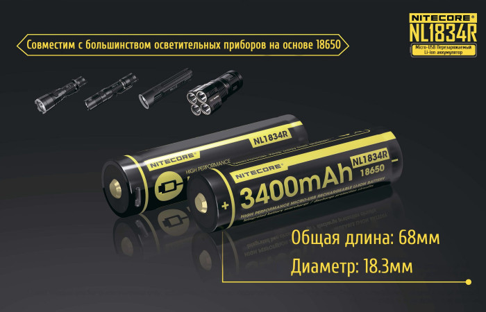 Акумулятор літієвий Li-Ion Nitecore NL1834R 3400mAh, USB, захищений 