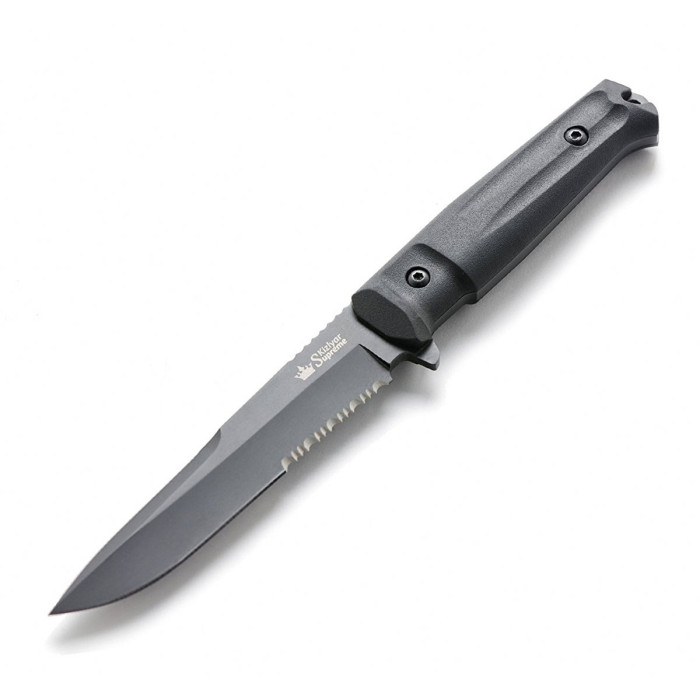 Ніж Kizlyar Supreme Alpha, сталь D2, stonewash, серрейтор, чорні піхви 