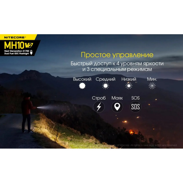 Фонарь Nitecore MH10 v2 (Сree XP-L2 V6, 1200 люмен, 7 режимов, 1х21700, USB), комплект 