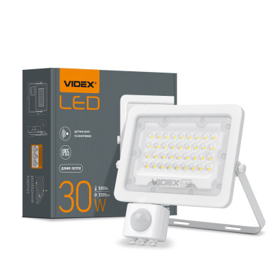 Прожектор VIDEX 30W 5000K з датчиком руху та освітлення 220V White (VL-F2e-305W-S)