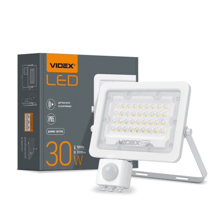 Прожектор VIDEX 30W 5000K з датчиком руху та освітлення 220V White (VL-F2e-305W-S) 