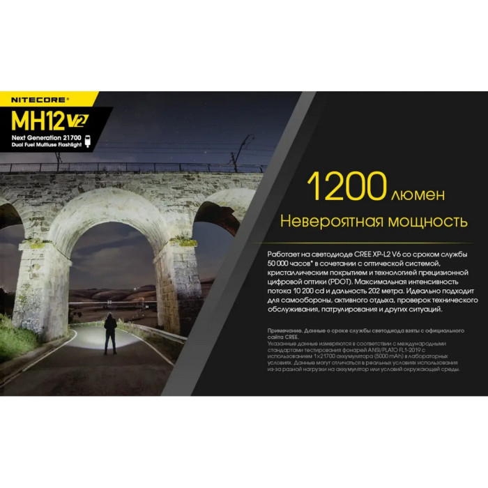 Фонарь Nitecore MH12 v2 (Сree XP-L2 V6, 1200 люмен, 7 режимов, 1х21700, USB Type-C) 
