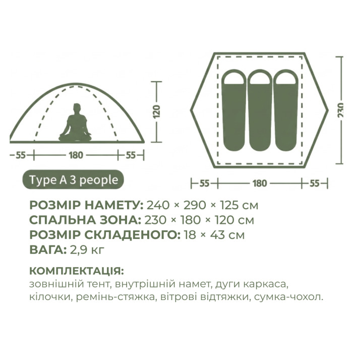 Намет тримісний Naturehike Bleik Series Tent CNK2550WS038, зелений (6977465863546)