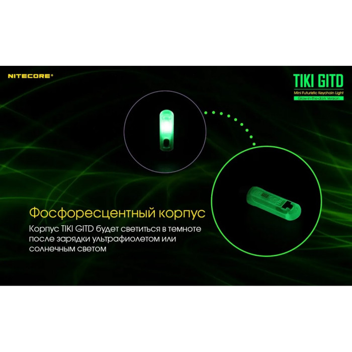 Ліхтар наключний Nitecore TIKI GITD (Osram P8 + UV, 300 люмен, 7 режимів, USB), люмінесцентний 