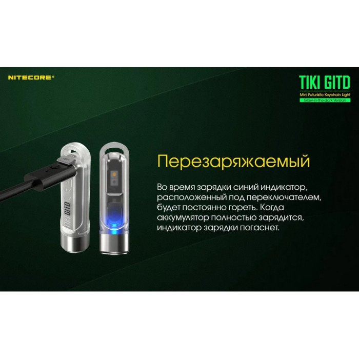 Ліхтар наключний Nitecore TIKI GITD (Osram P8 + UV, 300 люмен, 7 режимів, USB), люмінесцентний 