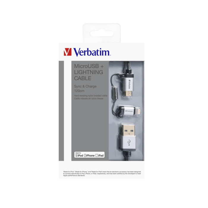 Кабель Verbatim Micro USB + Apple Lightning 120cm 