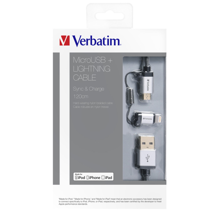 Кабель Verbatim Micro USB + Apple Lightning 120cm 