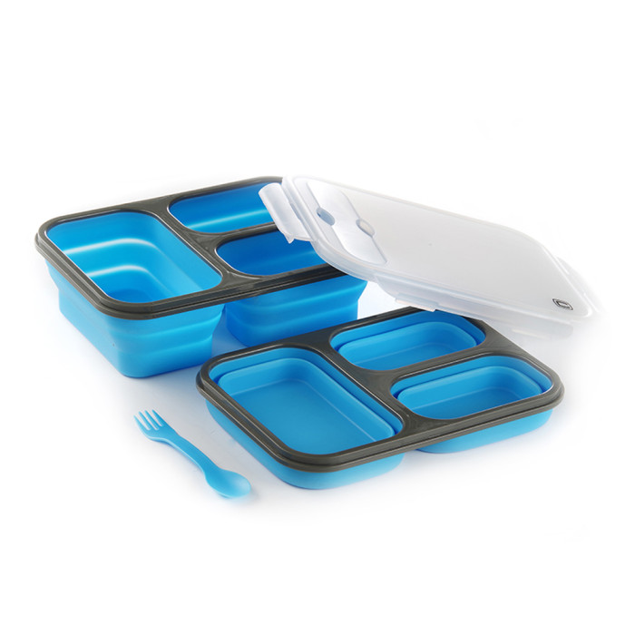 Ланчбокс складаний з кришкою-засувкою та ловилкою блакитний СИЛА (350 мл/350 мл/650 мл)) 