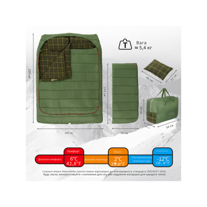 Спальний мішок двомісний із подушками Naturehike CNK2350WS019, зелений 