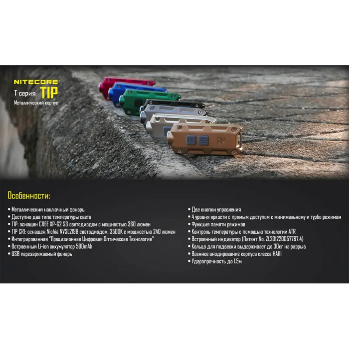 Ліхтар наключний Nitecore TIP Cu (Cree XP-G2, 360 люмен, 4 режими, USB), мідний 
