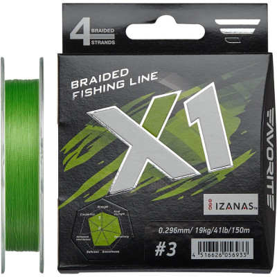 Шнур Favorite X1 PE 4x 150m #3.0/0.296mm 41lb/19.0kg, салатовий