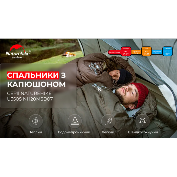Спальник з капюшоном Naturehike U350S NH20MSD07, (-3°C), правий, темно-зелений 