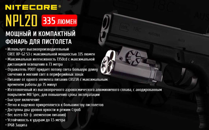 Пістолетний ліхтар Nitecore NPL20, 335 люмен 