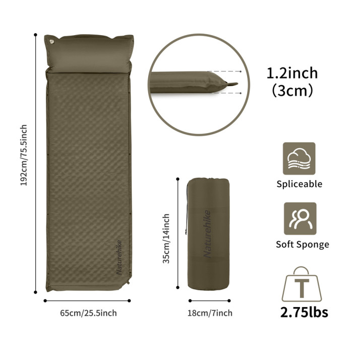 Килимок самонадувний одномісний з подушкою Naturehike CNK2300DZ014, 30мм, темно-зелений 