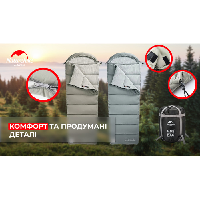 Спальник з капюшоном Naturehike M400 NH20MSD02, (1°C), правий, зелений 