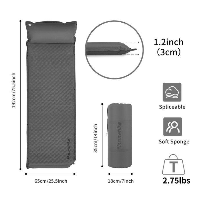 Килимок самонадувний одномісний з подушкою Naturehike CNK2300DZ014, 60мм, графіт 