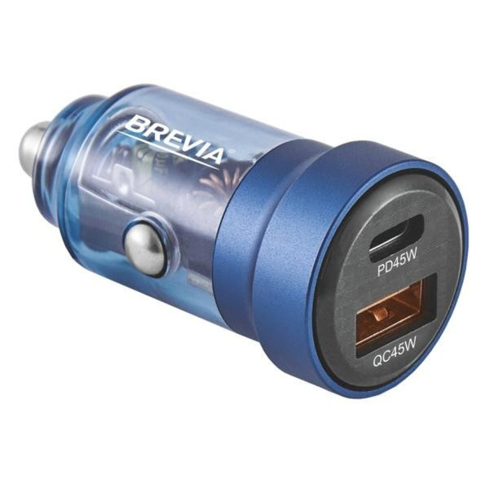Автомобільний зарядний пристрій Brevia ePower DualCharge 45W 1xUSB-C+1xUSB-A, transparent blue 