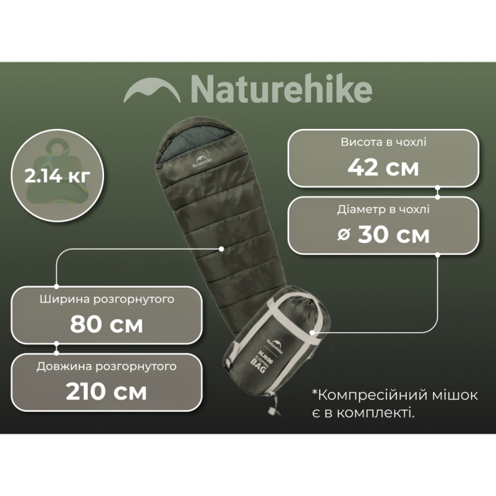 Спальник з капюшоном Naturehike CNK2300SD014 MJ600 Січ, зелений