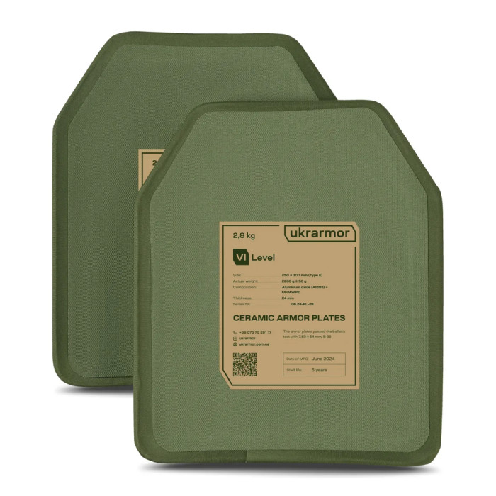 Комплект бронеплит керамічних Ukrarmor 6 клас, 5,6 кг, M, Олива комплект 