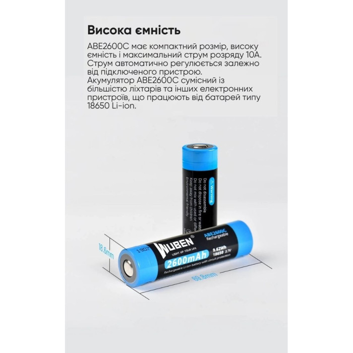 Комплект акумуляторів Wuben 18650 (2600мАг) 2шт 