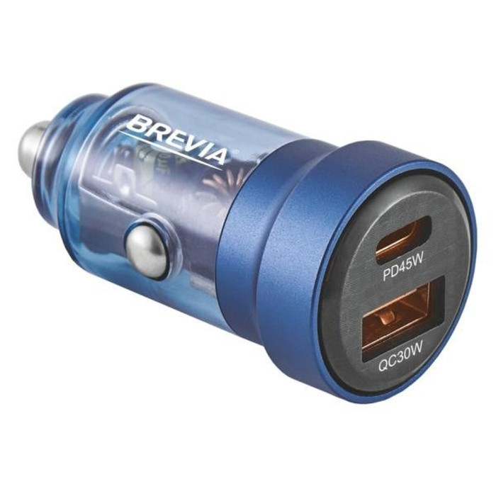 Автомобільний зарядний пристрій Brevia ePower DualCharge 75W 1xUSB-C+1xUSB-A, transparent blue 