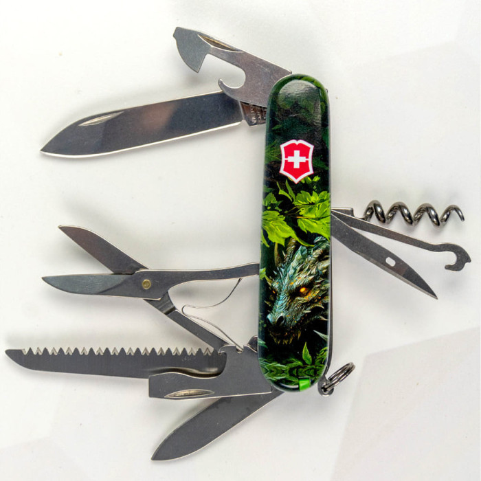 Складаний ніж Victorinox HUNTSMAN ZODIAC Зелений дерев'яний дракон 1.3713.3.Z3240p 