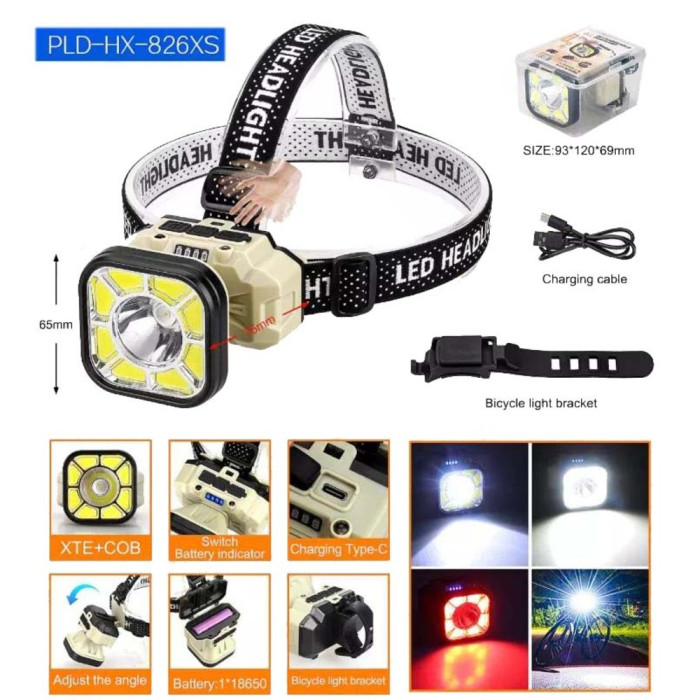 Ліхтар налобний Police 826XS-XPE+8COB, 1x18650, вело кріплення, ЗП Type-C, Box 