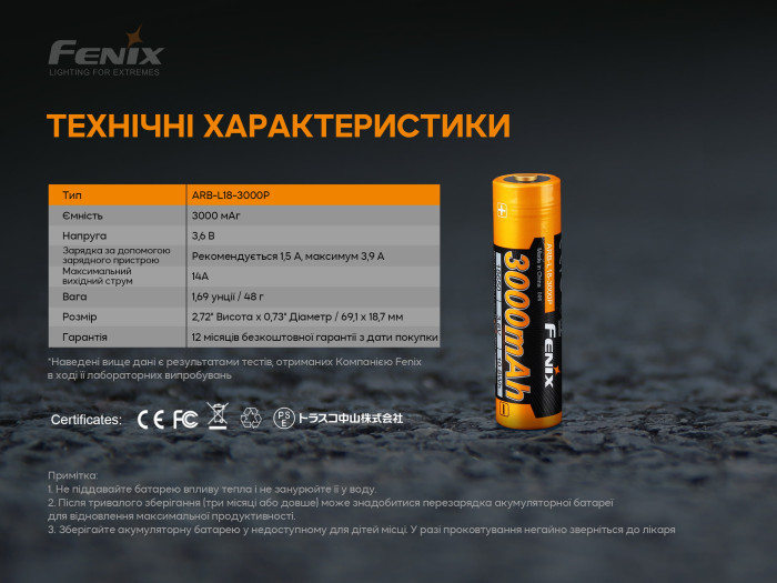 Акумулятор 18650 Fenix (3000 mAh) 