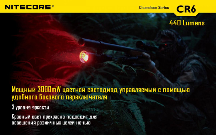 Тактичний Ліхтар Nitecore CR6 (білий + червоний + RGB ), 440 люмен 