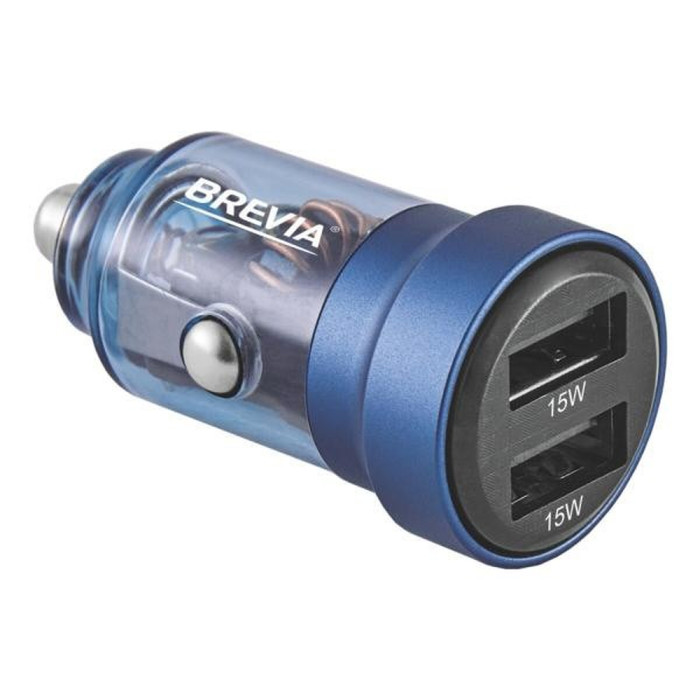 Автомобільний зарядний пристрій Brevia ePower DualDrive 15W 2xUSB-A, transparent blue 